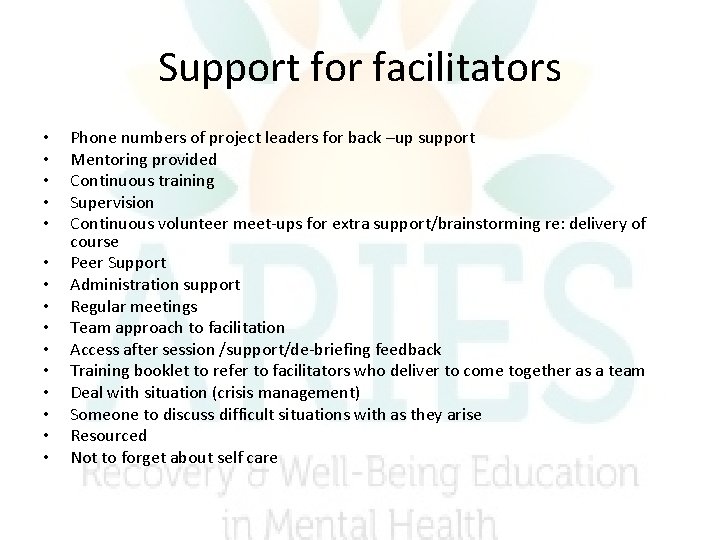 Support for facilitators • • • • Phone numbers of project leaders for back Support for facilitators • • • • Phone numbers of project leaders for back