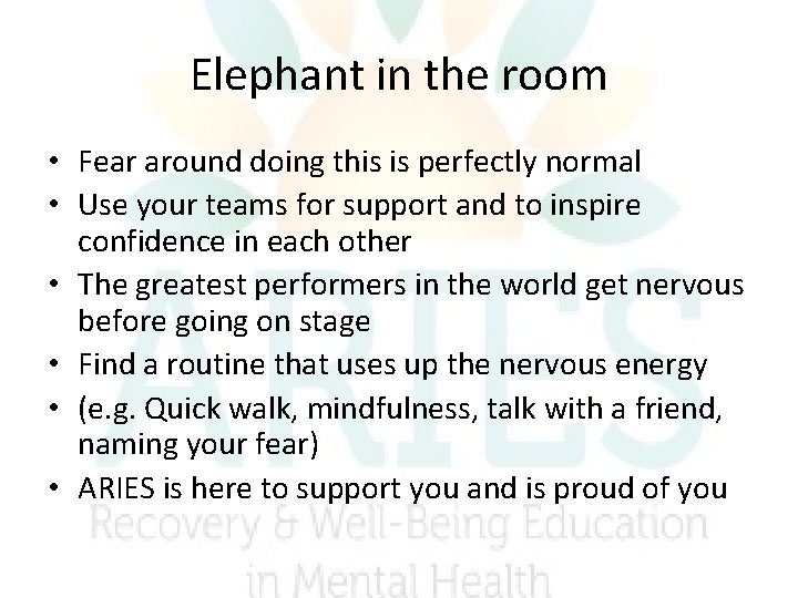 Elephant in the room • Fear around doing this is perfectly normal • Use Elephant in the room • Fear around doing this is perfectly normal • Use