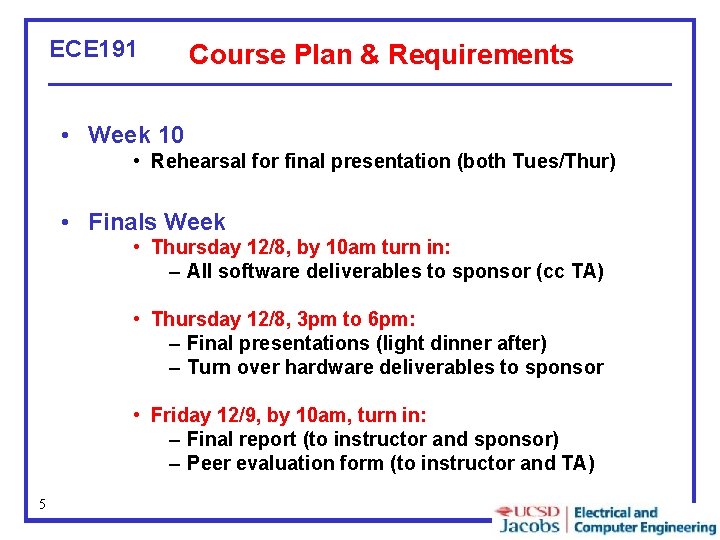 ECE 191 Course Plan & Requirements • Week 10 • Rehearsal for final presentation