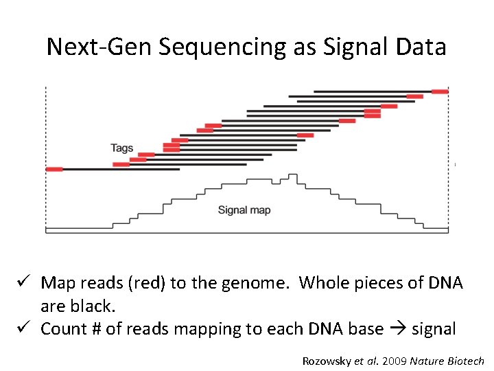 Next-Gen Sequencing as Signal Data ü Map reads (red) to the genome. Whole pieces