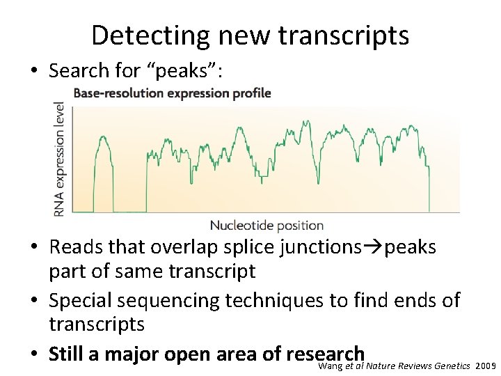 Detecting new transcripts • Search for “peaks”: • Reads that overlap splice junctions peaks