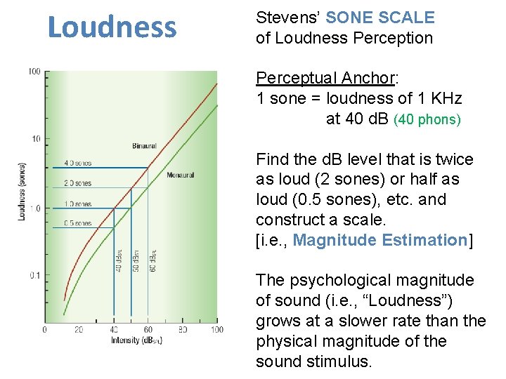 Loudness Stevens’ SONE SCALE of Loudness Perception Perceptual Anchor: 1 sone = loudness of