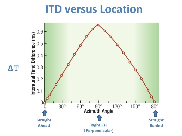 ITD versus Location ΔT Straight Ahead Right Ear (Perpendicular) Straight Behind 