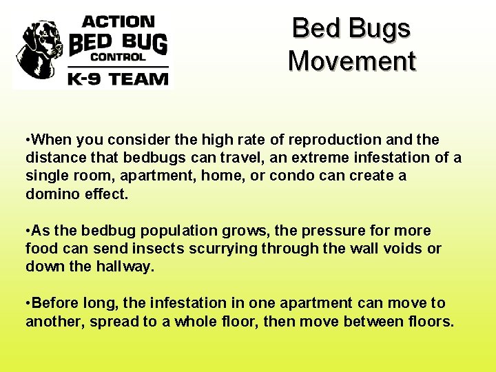 Bed Bugs Movement • When you consider the high rate of reproduction and the