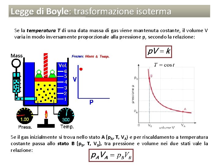 Legge di Boyle: trasformazione isoterma Se la temperatura T di una data massa di