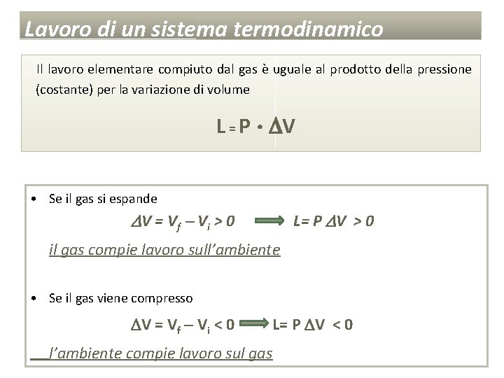 Lavoro di un sistema termodinamico Il lavoro elementare compiuto dal gas è uguale al