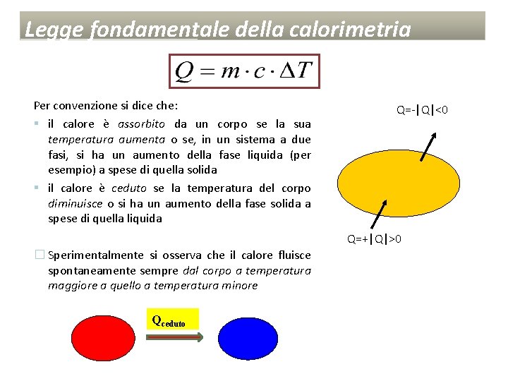 Legge fondamentale della calorimetria Per convenzione si dice che: § il calore è assorbito