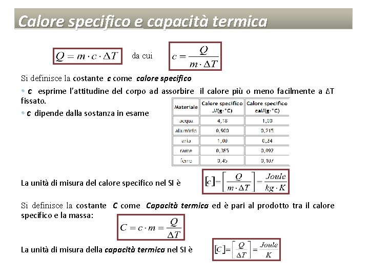 Calore specifico e capacità termica da cui Si definisce la costante c come calore