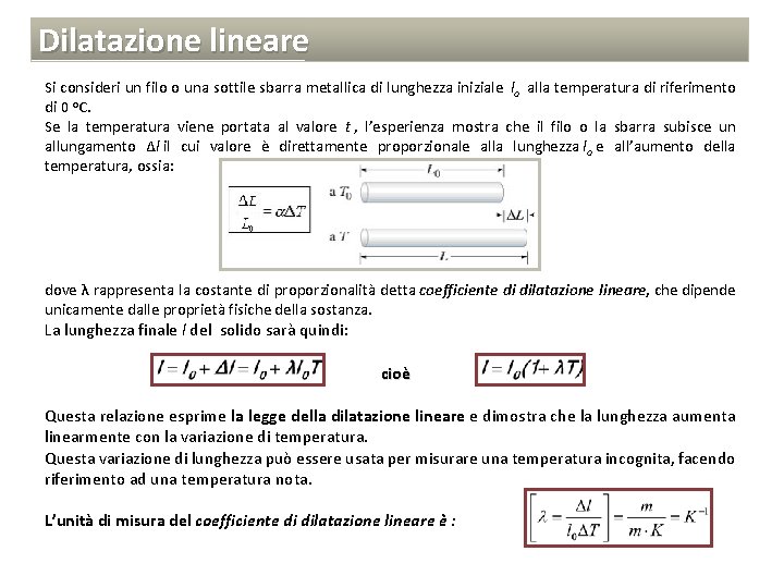 Dilatazione lineare Si consideri un filo o una sottile sbarra metallica di lunghezza iniziale