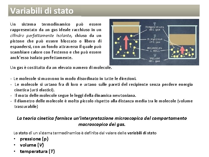 Variabili di stato Un sistema termodinamico può essere rappresentato da un gas ideale racchiuso