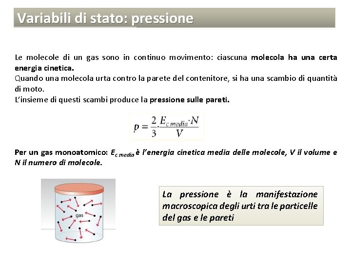 Variabili di stato: pressione Le molecole di un gas sono in continuo movimento: ciascuna