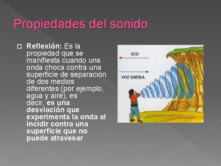 Propiedades del sonido Reflexión: Es la propiedad que se manifiesta cuando una onda choca