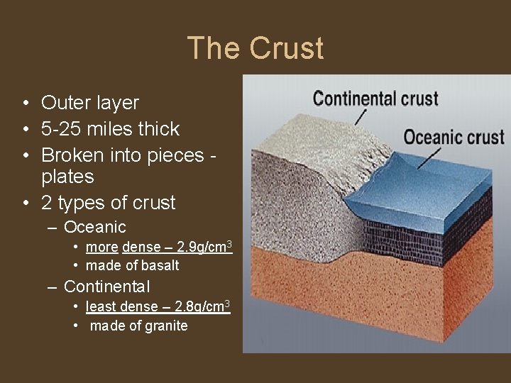 The Crust • Outer layer • 5 -25 miles thick • Broken into pieces