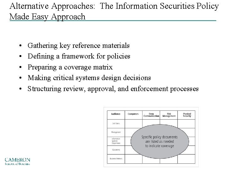 Alternative Approaches: The Information Securities Policy Made Easy Approach • • • Gathering key