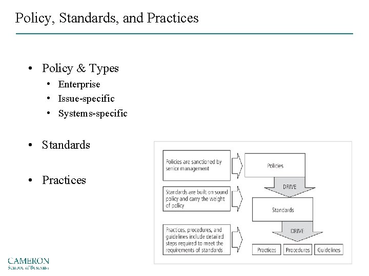 Policy, Standards, and Practices • Policy & Types • Enterprise • Issue-specific • Systems-specific