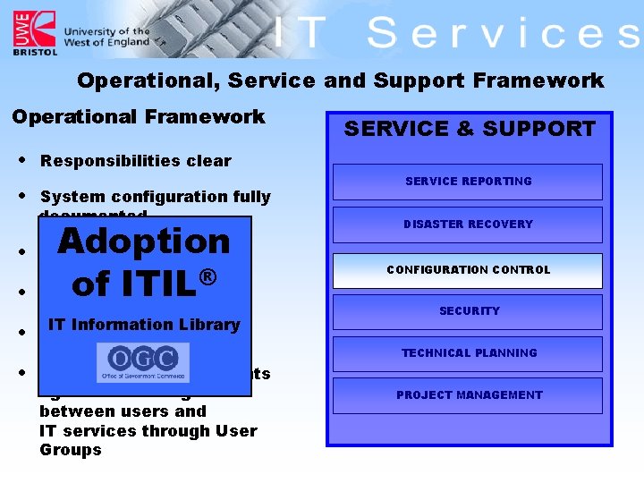 Operational, Service and Support Framework Operational Framework • • Responsibilities clear System configuration fully