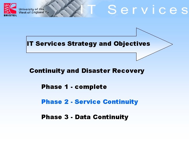 IT Services Strategy and Objectives Continuity and Disaster Recovery Phase 1 - complete Phase