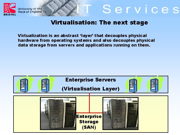 Virtualisation: The next stage Virtualization is an abstract ‘layer’ that decouples physical hardware from