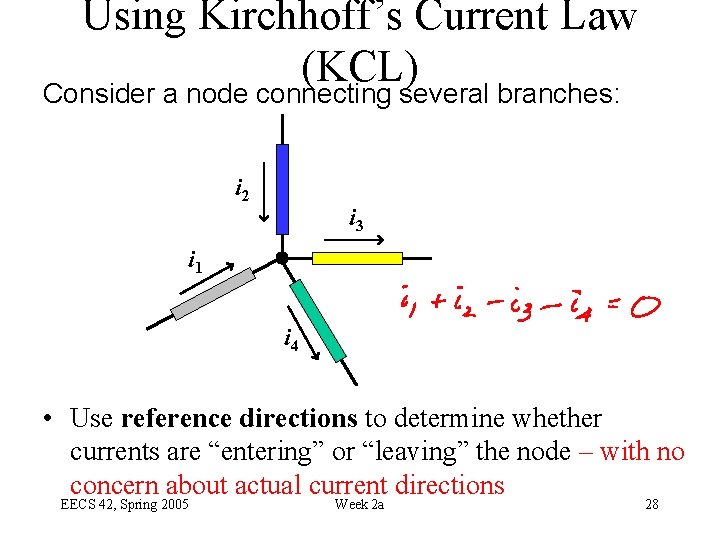 Using Kirchhoff’s Current Law (KCL) Consider a node connecting several branches: i 2 i