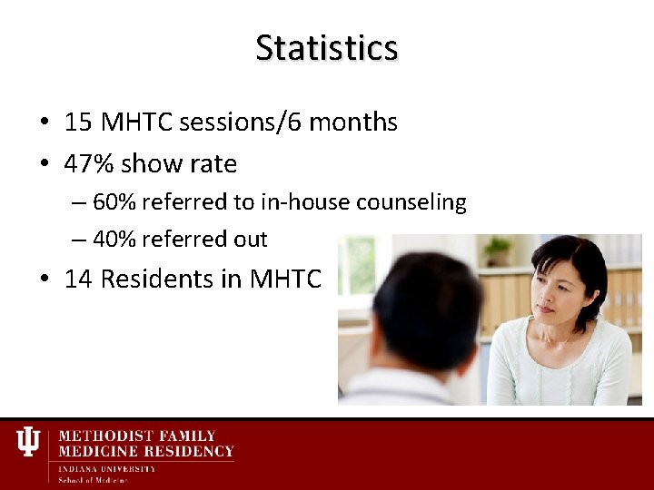 Statistics • 15 MHTC sessions/6 months • 47% show rate – 60% referred to