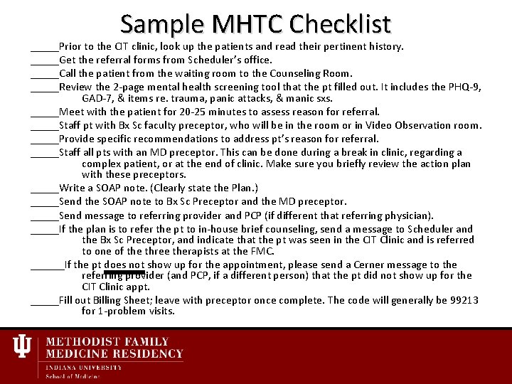 Sample MHTC Checklist _____Prior to the CIT clinic, look up the patients and read