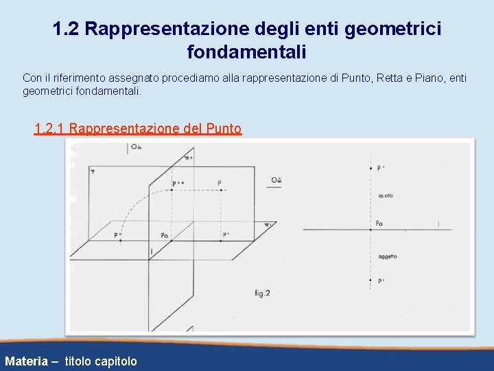 1. 2 Rappresentazione degli enti geometrici fondamentali Con il riferimento assegnato procediamo alla rappresentazione