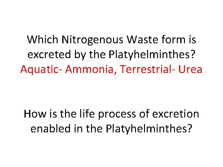 Which Nitrogenous Waste form is excreted by the Platyhelminthes? Aquatic- Ammonia, Terrestrial- Urea How Which Nitrogenous Waste form is excreted by the Platyhelminthes? Aquatic- Ammonia, Terrestrial- Urea How