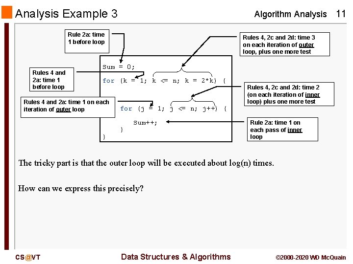 Analysis Example 3 Algorithm Analysis 11 Rule 2 a: time 1 before loop Rules