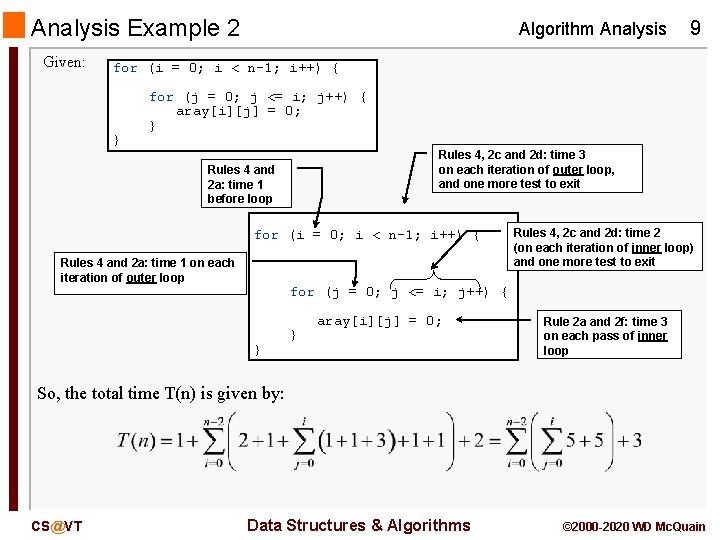 Analysis Example 2 Given: Algorithm Analysis 9 for (i = 0; i < n-1;