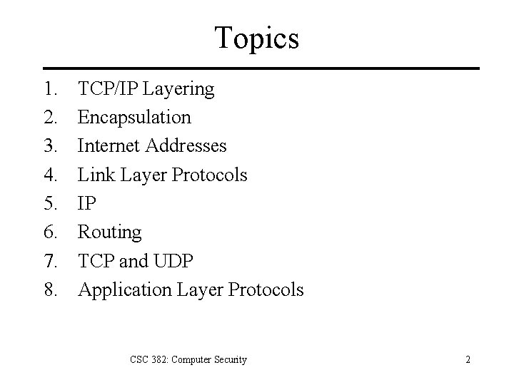 Topics 1. 2. 3. 4. 5. 6. 7. 8. TCP/IP Layering Encapsulation Internet Addresses