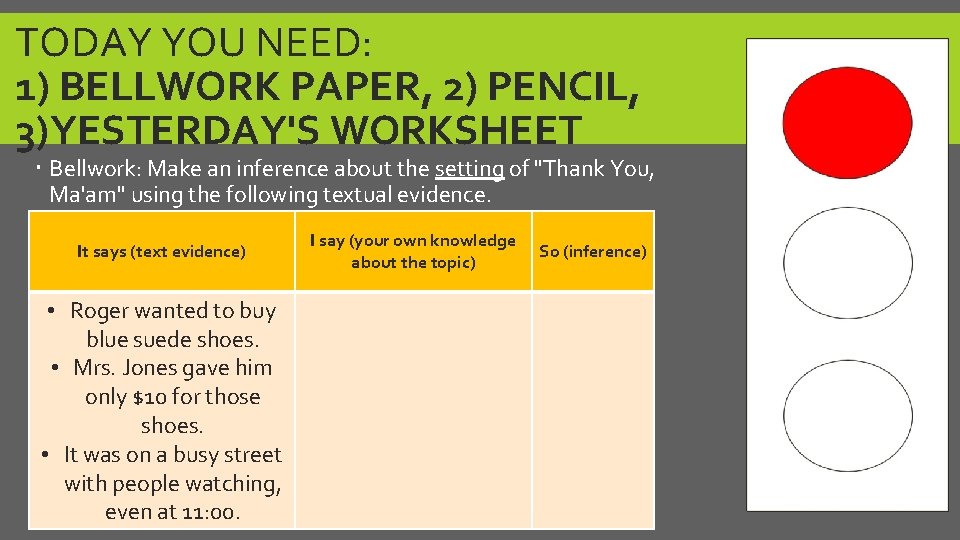 TODAY YOU NEED: 1) BELLWORK PAPER, 2) PENCIL, 3)YESTERDAY'S WORKSHEET Bellwork: Make an inference