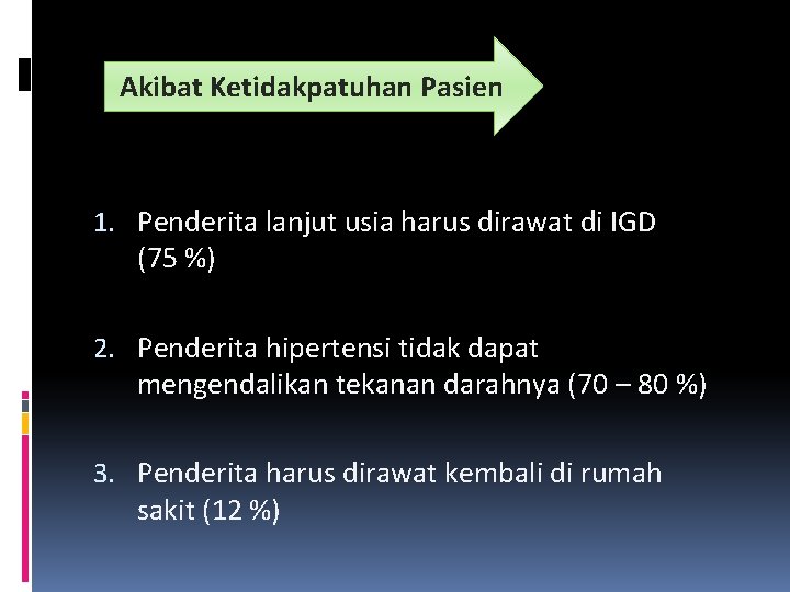 Akibat Ketidakpatuhan Pasien 1. Penderita lanjut usia harus dirawat di IGD (75 %) 2.