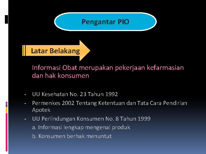 Pengantar PIO Latar Belakang Informasi Obat merupakan pekerjaan kefarmasian dan hak konsumen - UU