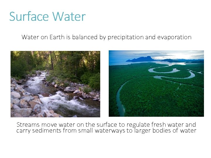 Surface Water on Earth is balanced by precipitation and evaporation Streams move water on