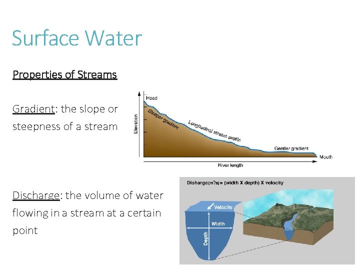 Surface Water Properties of Streams Gradient: the slope or steepness of a stream Discharge: