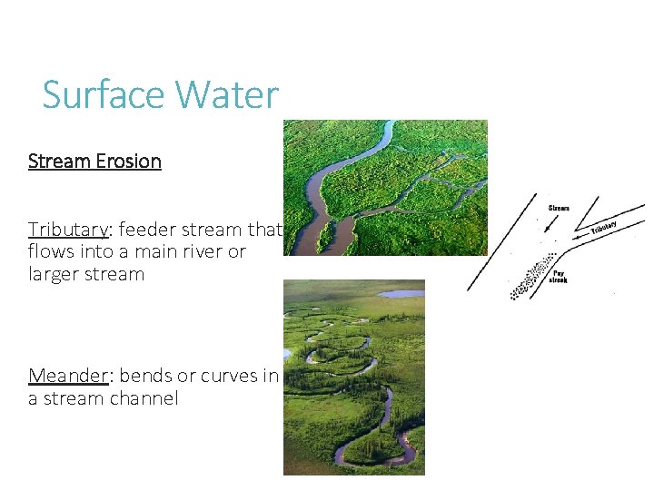 Surface Water Stream Erosion Tributary: feeder stream that flows into a main river or