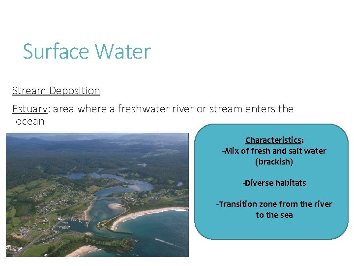 Surface Water Stream Deposition Estuary: area where a freshwater river or stream enters the