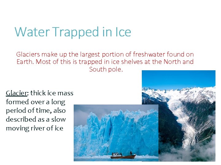 Water Trapped in Ice Glaciers make up the largest portion of freshwater found on