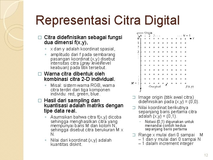 Representasi Citra Digital � Citra didefinisikan sebagai fungsi dua dimensi f(x, y), ◦ x