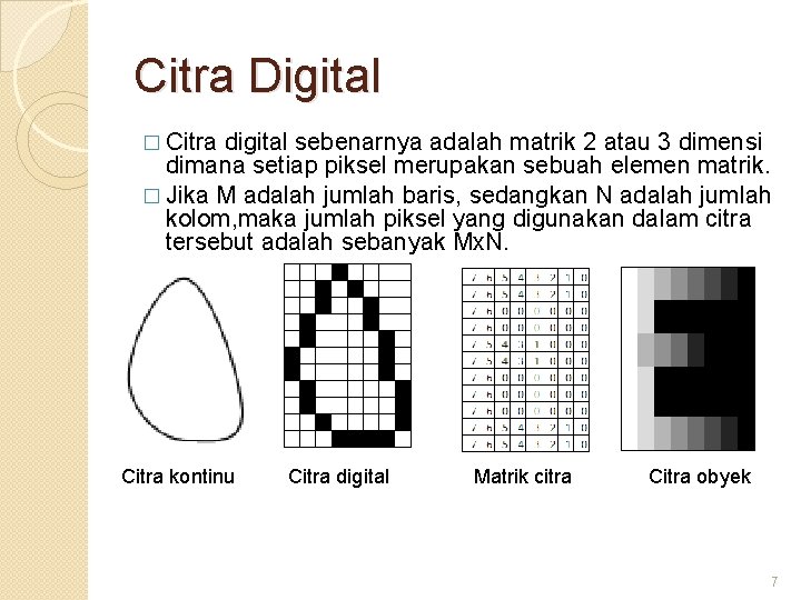 Citra Digital � Citra digital sebenarnya adalah matrik 2 atau 3 dimensi dimana setiap