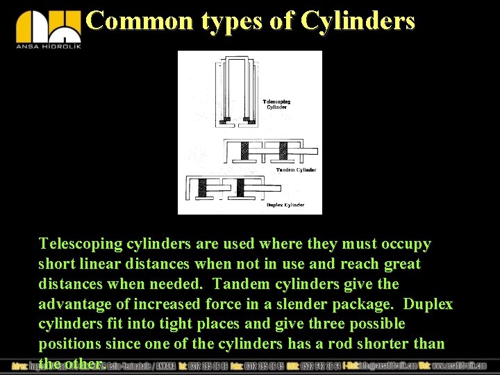 Common types of Cylinders Telescoping cylinders are used where they must occupy short linear