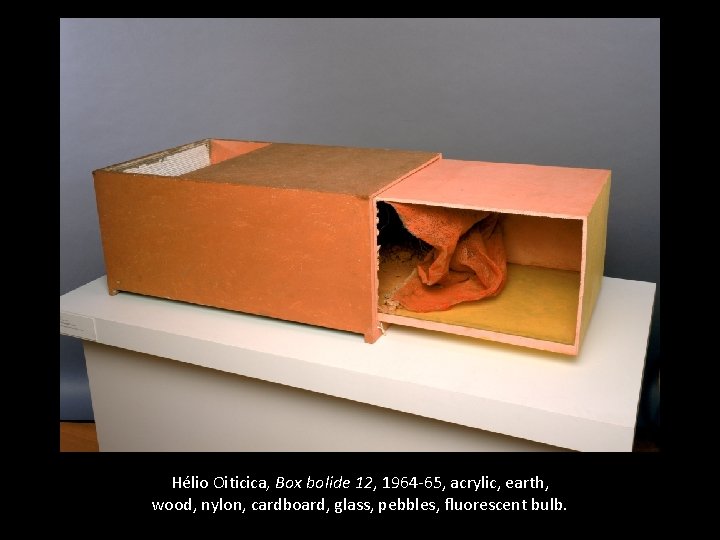 Hélio Oiticica, Box bolide 12, 1964 -65, acrylic, earth, wood, nylon, cardboard, glass, pebbles,