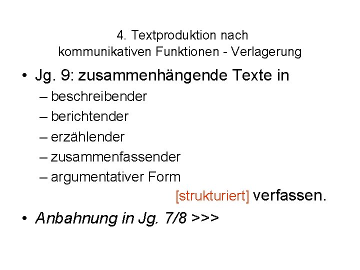  4. Textproduktion nach kommunikativen Funktionen - Verlagerung • Jg. 9: zusammenhängende Texte in