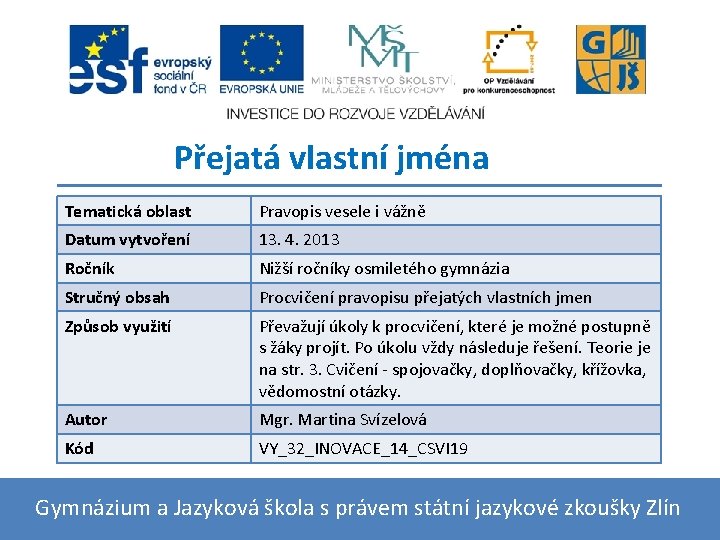 Přejatá vlastní jména Tematická oblast Pravopis vesele i vážně Datum vytvoření 13. 4. 2013