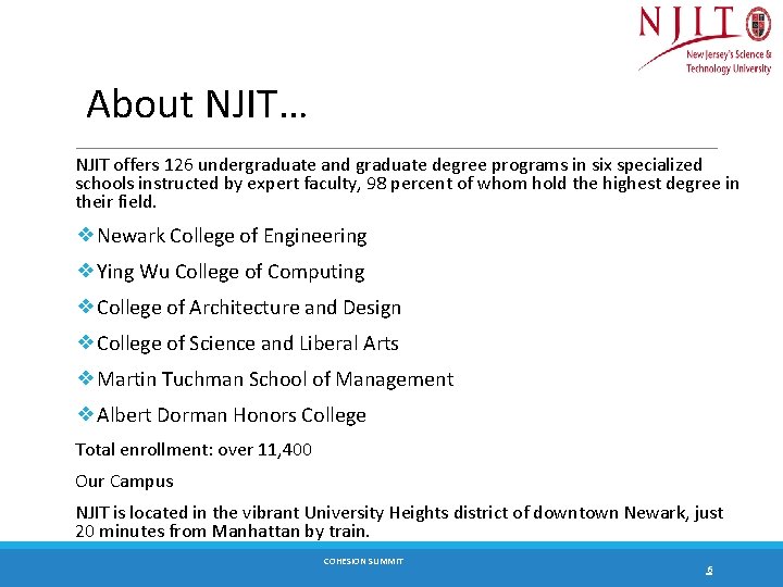 About NJIT… NJIT offers 126 undergraduate and graduate degree programs in six specialized schools