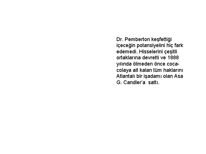 Dr. Pemberton keşfettiği içeceğin potansiyelini hiç fark edemedi. Hisselerini çeşitli ortaklarına devretti ve 1888