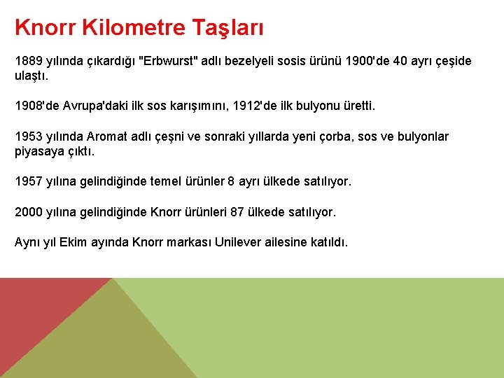 Knorr Kilometre Taşları 1889 yılında çıkardığı "Erbwurst" adlı bezelyeli sosis ürünü 1900'de 40 ayrı