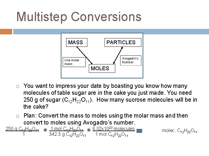 Multistep Conversions MASS Use molar mass PARTICLES Avogadro’s Number MOLES You want to impress