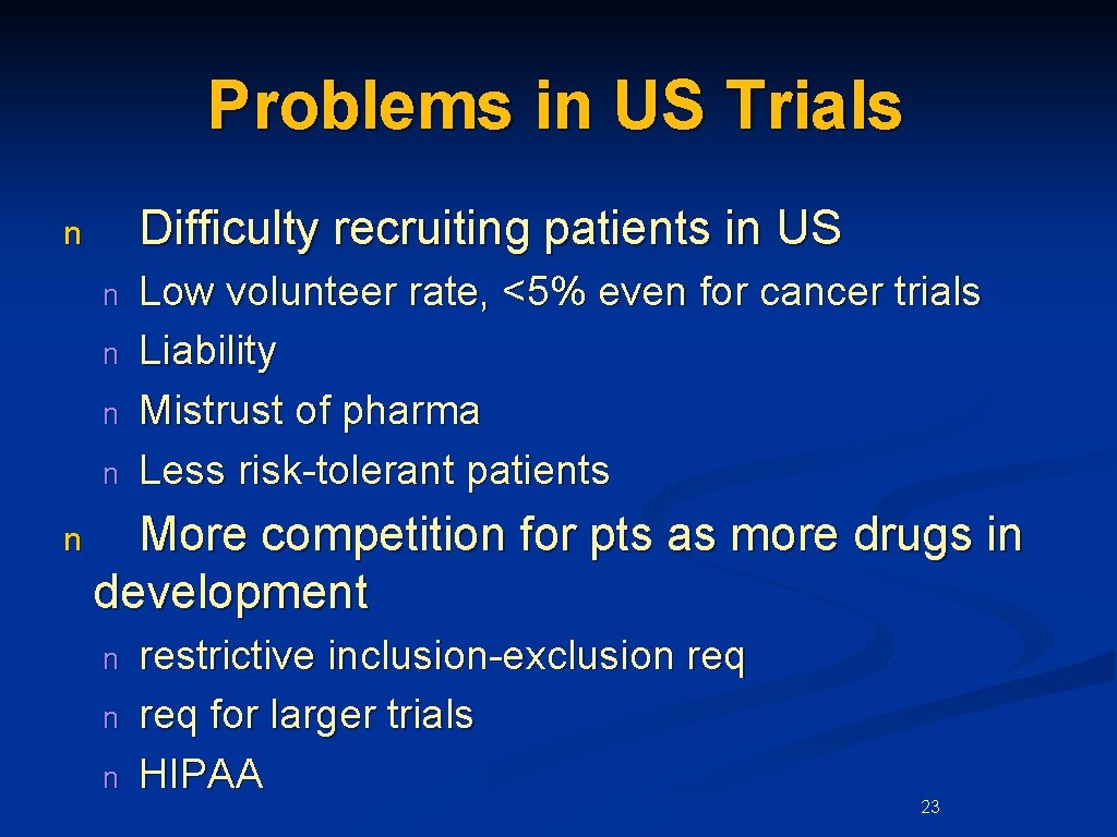 Problems in US Trials Difficulty recruiting patients in US n n n Low volunteer Problems in US Trials Difficulty recruiting patients in US n n n Low volunteer