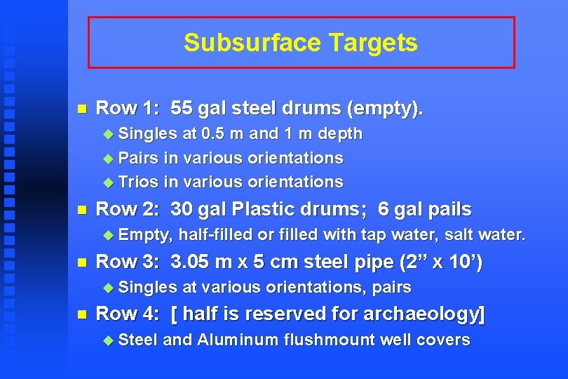 Subsurface Targets n Row 1: 55 gal steel drums (empty). u Singles at 0.
